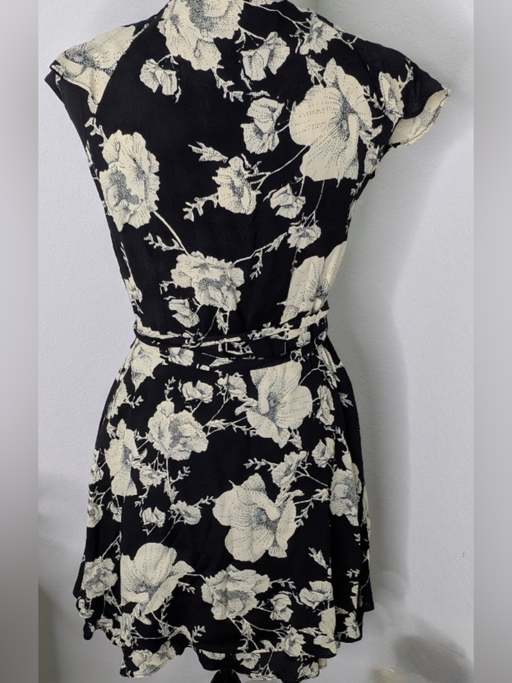 Free People Black & White Floral Mini Wrap Dress - Picture 3 of 6